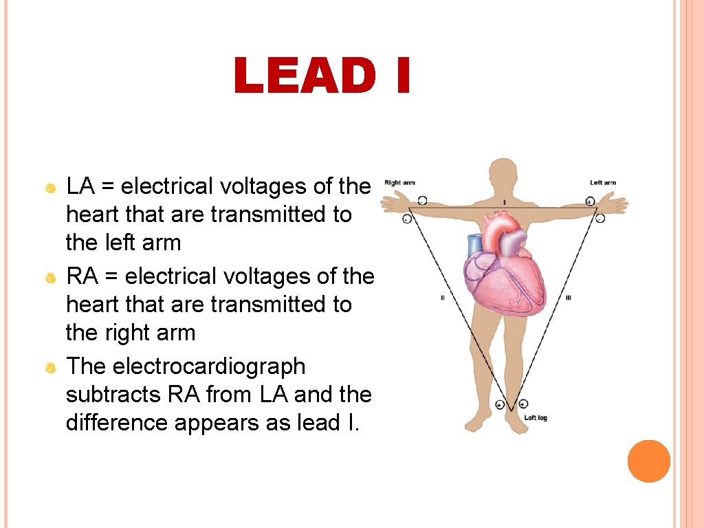 LEAD I LA = electrical voltages of the heart that are transmitted to the