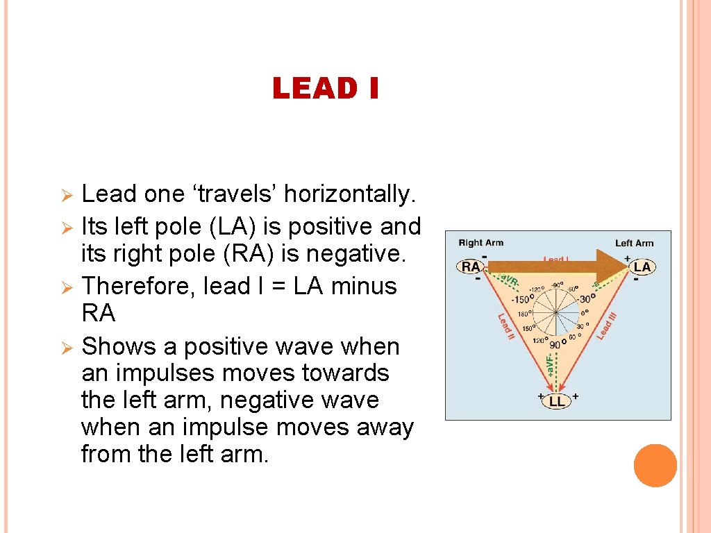 LEAD I Lead one ‘travels’ horizontally. Ø Its left pole (LA) is positive and