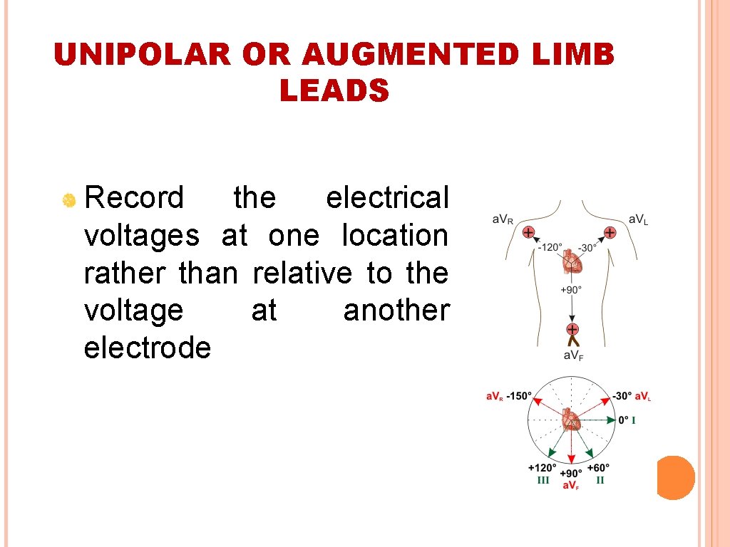 UNIPOLAR OR AUGMENTED LIMB LEADS Record the electrical voltages at one location rather than