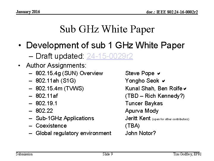 January 2016 doc. : IEEE 802. 24 -16 -0002 r 2 Sub GHz White