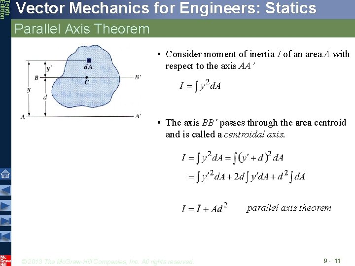 Tenth Edition Vector Mechanics for Engineers: Statics Parallel Axis Theorem • Consider moment of