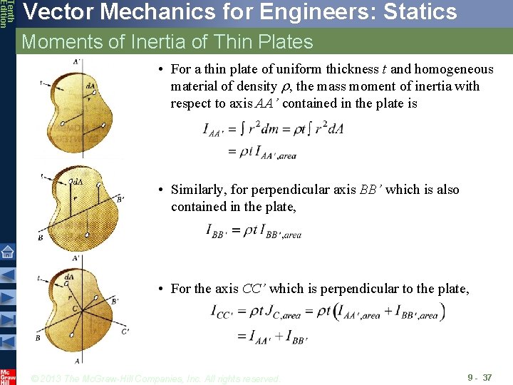 Tenth Edition Vector Mechanics for Engineers: Statics Moments of Inertia of Thin Plates •