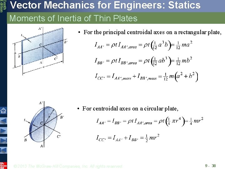 Tenth Edition Vector Mechanics for Engineers: Statics Moments of Inertia of Thin Plates •