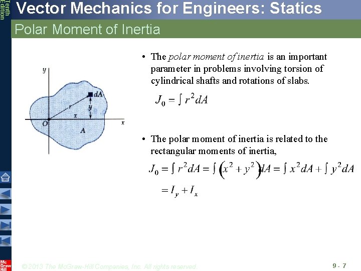 Tenth Edition Vector Mechanics for Engineers: Statics Polar Moment of Inertia • The polar