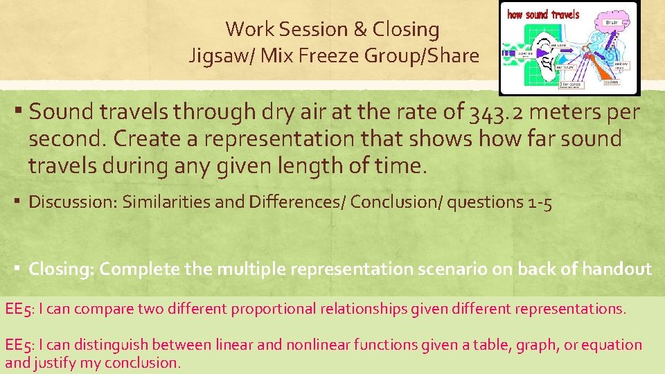 Work Session & Closing Jigsaw/ Mix Freeze Group/Share ▪ Sound travels through dry air