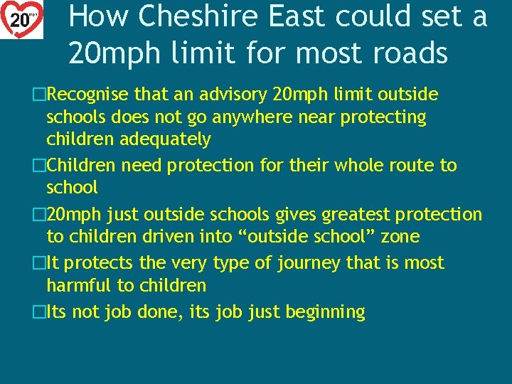 How Cheshire East could set a 20 mph limit for most roads �Recognise that