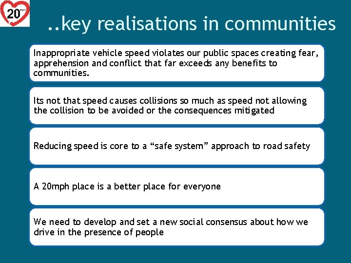 . . key realisations in communities Inappropriate vehicle speed violates our public spaces creating