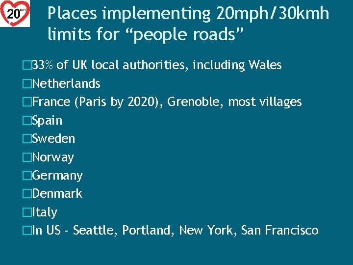 Places implementing 20 mph/30 kmh limits for “people roads” � 33% of UK local