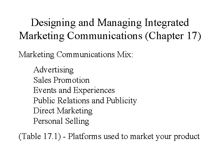 Designing and Managing Integrated Marketing Communications (Chapter 17) Marketing Communications Mix: Advertising Sales Promotion