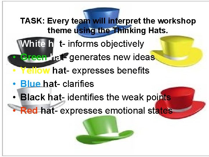 TASK: Every team will interpret the workshop theme using the Thinking Hats. • •