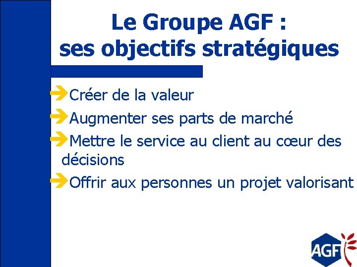 Le Groupe AGF : ses objectifs stratégiques èCréer de la valeur èAugmenter ses parts