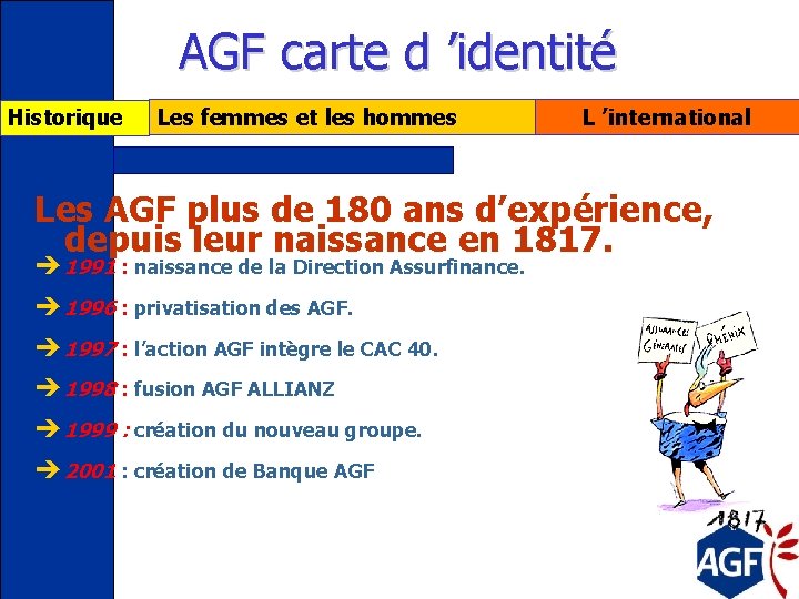 AGF carte d ’identité Historique Les femmes et les hommes L ’international Les AGF