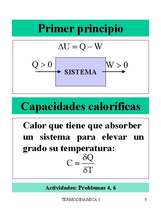 Primer principio SISTEMA Capacidades caloríficas Calor que tiene que absorber un sistema para elevar