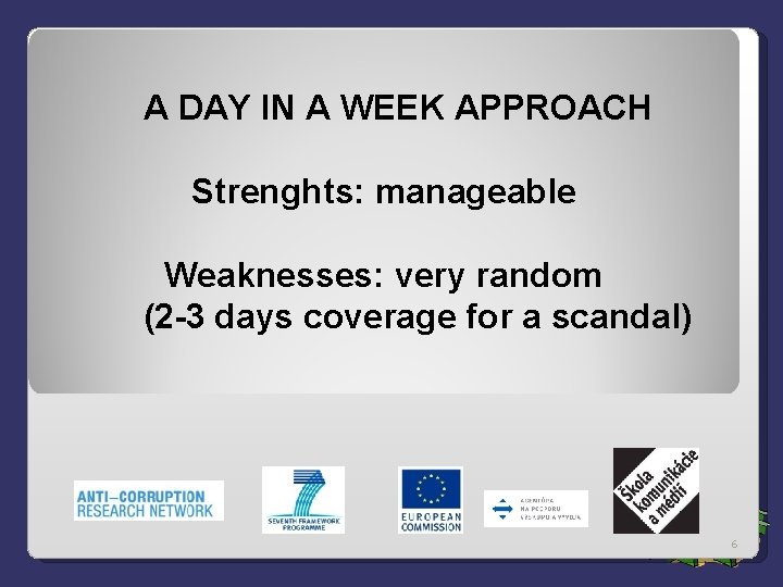 A DAY IN A WEEK APPROACH Strenghts: manageable Weaknesses: very random (2 -3 days