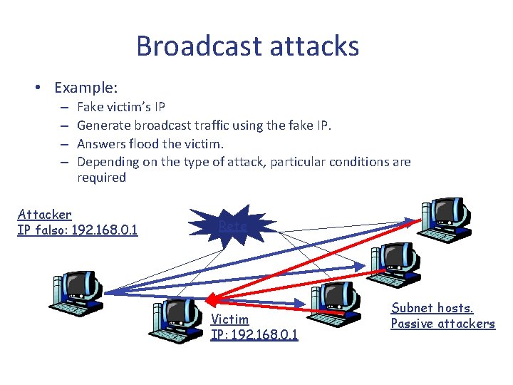 Broadcast attacks • Example: – – Fake victim’s IP Generate broadcast traffic using the Broadcast attacks • Example: – – Fake victim’s IP Generate broadcast traffic using the