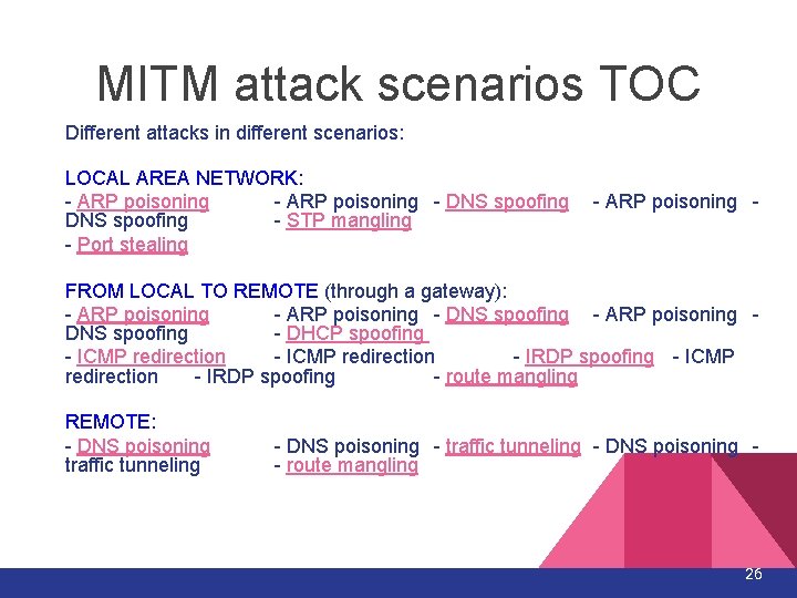 MITM attack scenarios TOC Different attacks in different scenarios: LOCAL AREA NETWORK: - ARP MITM attack scenarios TOC Different attacks in different scenarios: LOCAL AREA NETWORK: - ARP