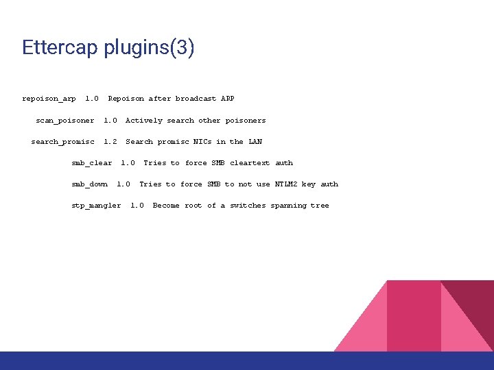 Ettercap plugins(3) repoison_arp 1. 0 Repoison after broadcast ARP scan_poisoner 1. 0 Actively search Ettercap plugins(3) repoison_arp 1. 0 Repoison after broadcast ARP scan_poisoner 1. 0 Actively search