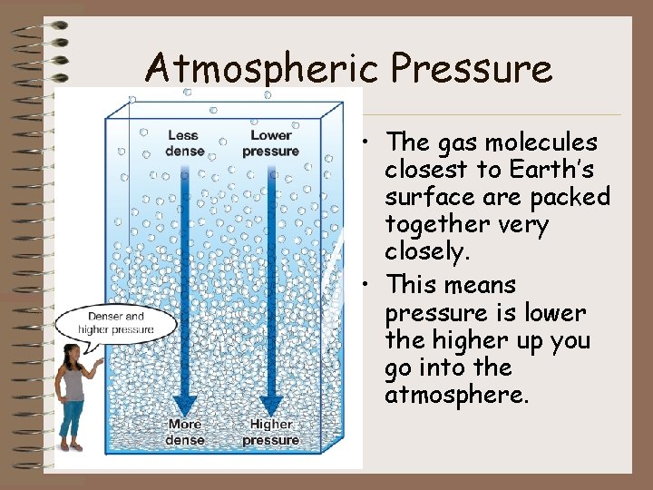 Atmospheric Pressure • The gas molecules closest to Earth’s surface are packed together very
