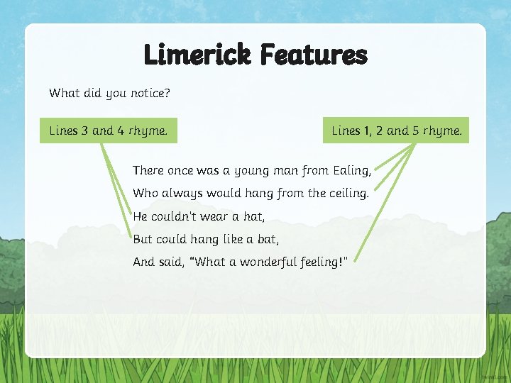 Limerick Features What did you notice? Lines 3 and 4 rhyme. Lines 1, 2