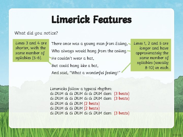 Limerick Features What did you notice? Lines 3 and 4 are shorter, with the