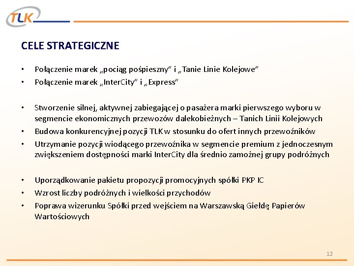 CELE STRATEGICZNE • • Połączenie marek „pociąg pośpieszny” i „Tanie Linie Kolejowe” Połączenie marek