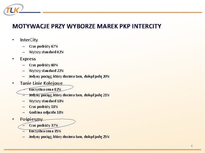 MOTYWACJE PRZY WYBORZE MAREK PKP INTERCITY • Inter. City – Czas podróży 67% –