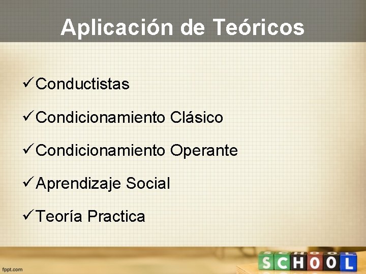 Aplicación de Teóricos ü Conductistas ü Condicionamiento Clásico ü Condicionamiento Operante ü Aprendizaje Social