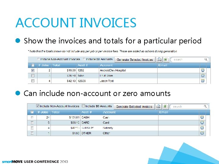 ACCOUNT INVOICES Show the invoices and totals for a particular period Can include non-account