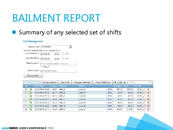 BAILMENT REPORT Summary of any selected set of shifts 