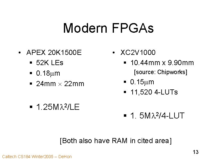 Modern FPGAs • APEX 20 K 1500 E § 52 K LEs § 0.