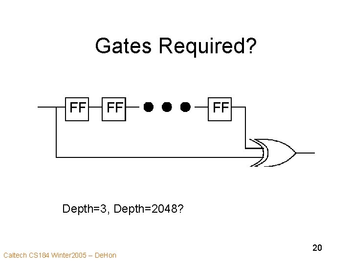 Gates Required? Depth=3, Depth=2048? Caltech CS 184 Winter 2005 -- De. Hon 20 