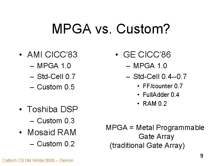 MPGA vs. Custom? • AMI CICC’ 83 – MPGA 1. 0 – Std-Cell 0.