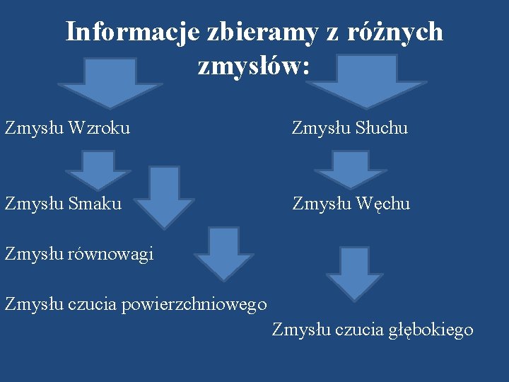 Informacje zbieramy z różnych zmysłów: Zmysłu Wzroku Zmysłu Słuchu Zmysłu Smaku Zmysłu Węchu Zmysłu