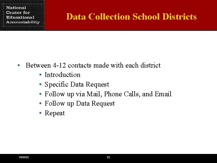 Data Collection School Districts • Between 4 -12 contacts made with each district •