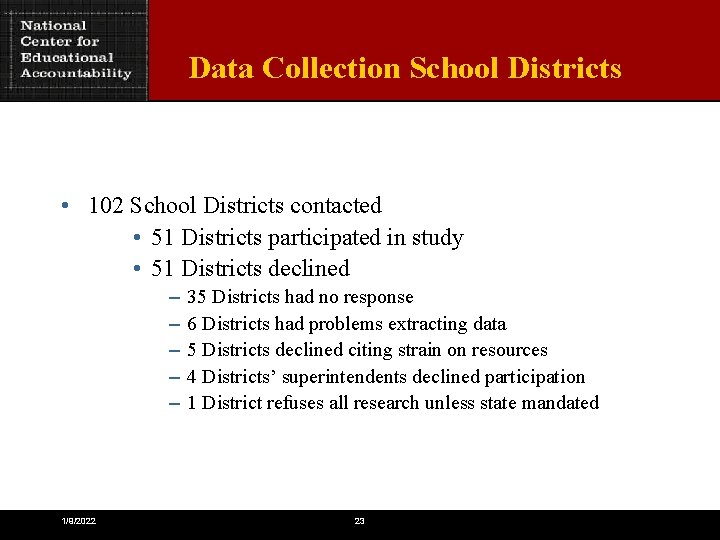 Data Collection School Districts • 102 School Districts contacted • 51 Districts participated in
