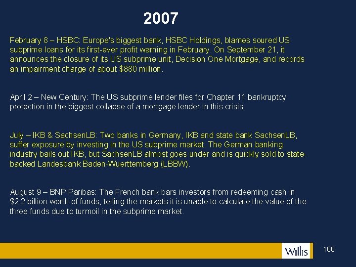 2007 February 8 – HSBC: Europe's biggest bank, HSBC Holdings, blames soured US subprime