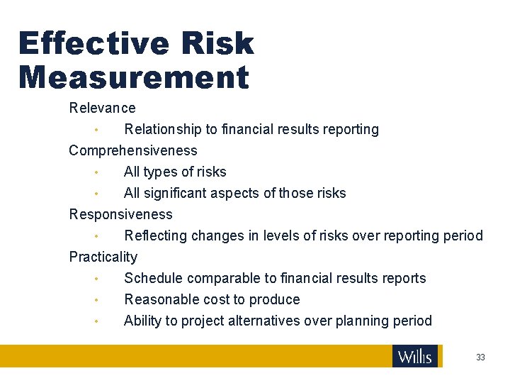 Effective Risk Measurement Relevance • Relationship to financial results reporting Comprehensiveness • All types