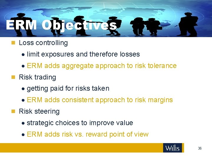 ERM Objectives Loss controlling · limit exposures and therefore losses · ERM adds aggregate