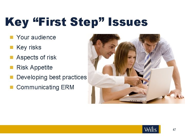 Key “First Step” Issues Your audience Key risks Aspects of risk Risk Appetite Developing