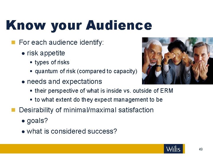 Know your Audience For each audience identify: · risk appetite § types of risks