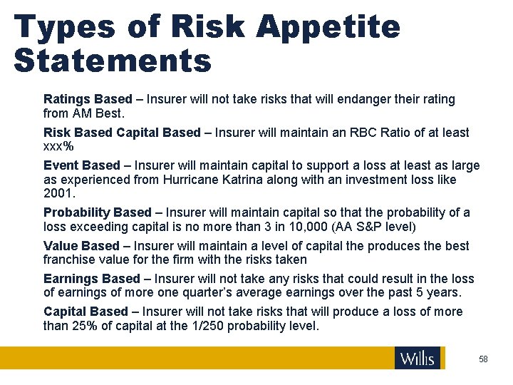 Types of Risk Appetite Statements Ratings Based – Insurer will not take risks that