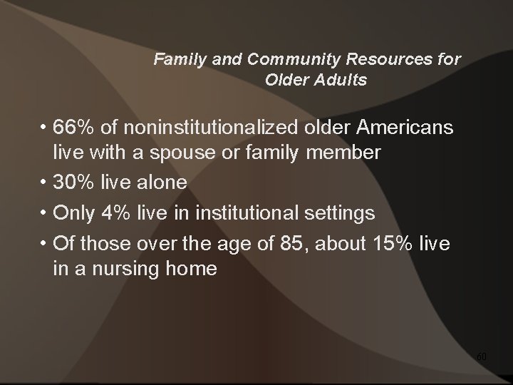 Family and Community Resources for Older Adults • 66% of noninstitutionalized older Americans live