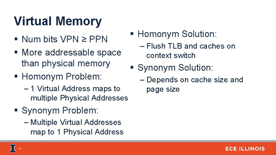 Virtual Memory § Homonym Solution: § Num bits VPN ≥ PPN – Flush TLB