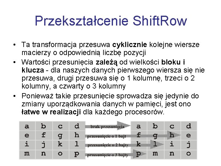 Przekształcenie Shift. Row • Ta transformacja przesuwa cyklicznie kolejne wiersze macierzy o odpowiednią liczbę