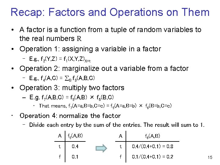 Recap: Factors and Operations on Them • A factor is a function from a