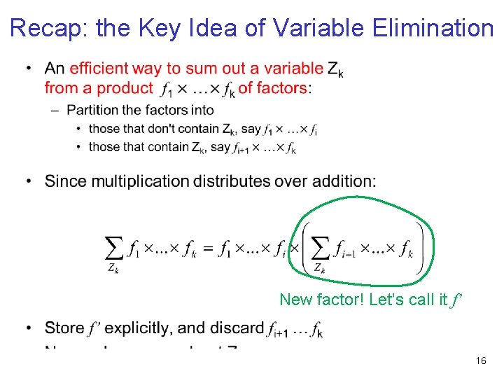 Recap: the Key Idea of Variable Elimination • New factor! Let’s call it f’