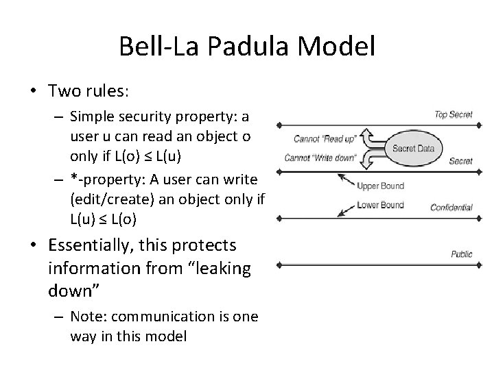 Bell-La Padula Model • Two rules: – Simple security property: a user u can