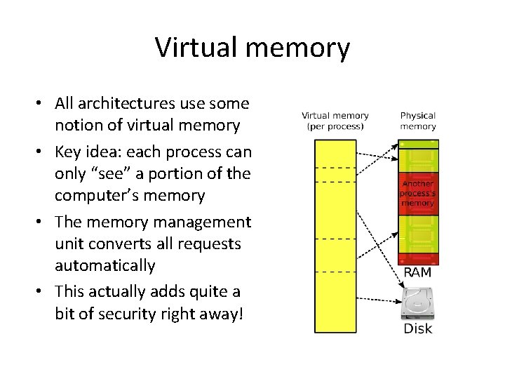 Virtual memory • All architectures use some notion of virtual memory • Key idea: