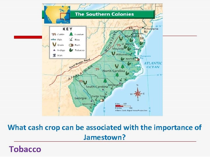 What cash crop can be associated with the importance of Jamestown? Tobacco 