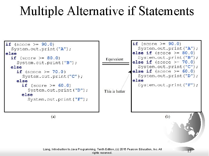 Multiple Alternative if Statements Liang, Introduction to Java Programming, Tenth Edition, (c) 2015 Pearson Multiple Alternative if Statements Liang, Introduction to Java Programming, Tenth Edition, (c) 2015 Pearson